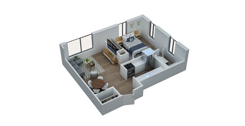Floor plan for 1 bed, 1 bath, 596 sqft